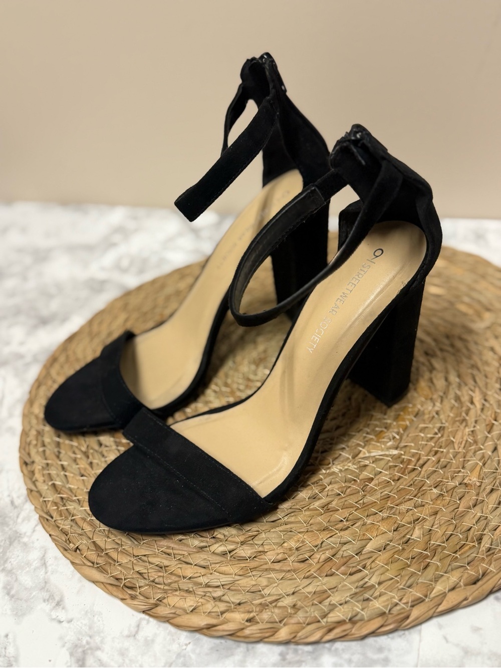 Streetwear Society Black Suede Block Heel Ankle Strap Sandals